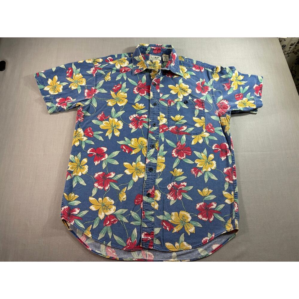 Vintage L.L.Bean Cool Weave Shirt Men’s Medium Blue Floral Hawaiian Button Front